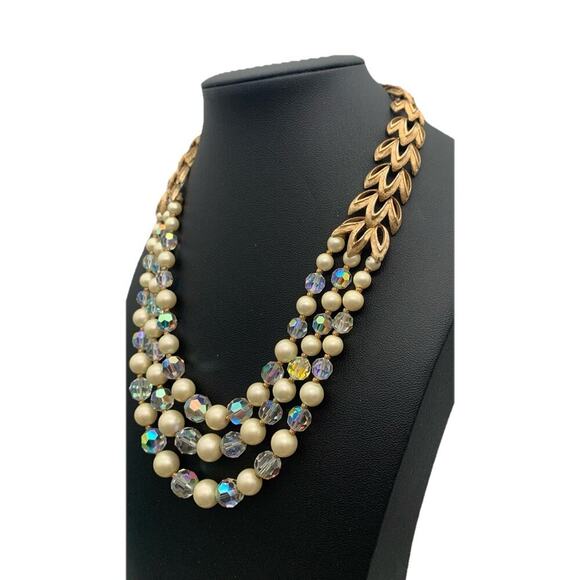 Vintage Unique Gold Tone Upper W Multi Strand AB Crystals & Faux Pearls Necklace - Picture 1 of 7